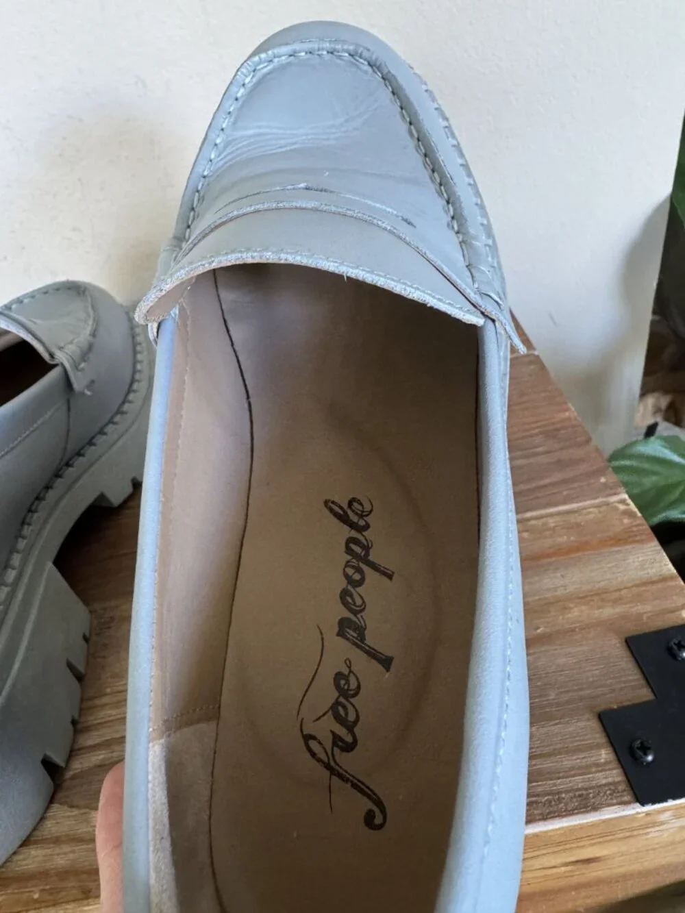 Free People Lyra Dusty Blue Genuine Leather Platform Lug Sole Loafer Size 8/38.5